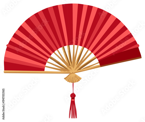 Elegant Red Paper Fan with Bamboo Frame and Tassel Decorative Oriental Design