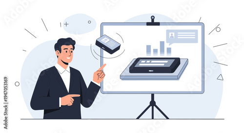 Man presenting digital device and data on a whiteboard screen, business presentation concept