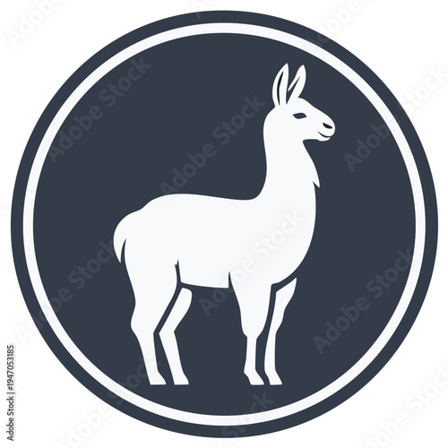 Stylized white llama silhouette within a navy blue circle and white border