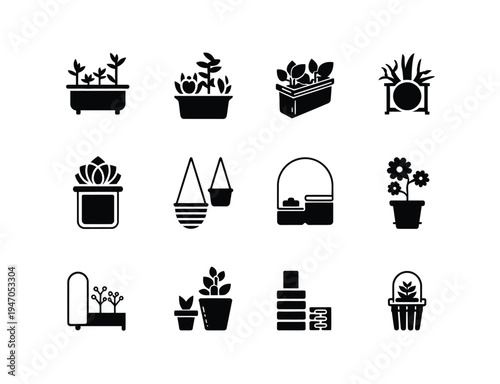 Planter Box and Garden Plant Icons – Solid Vector Set