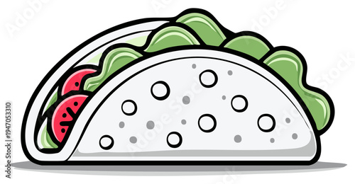 Colorful cartoon taco filled with lettuce and tomato slices viewed from the side, food illustration
