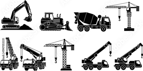 Construction heavy machinery icons set including excavator, bulldozer, concrete mixer truck, and tower cranes, industrial building equipment vector black silhouette illustrations.