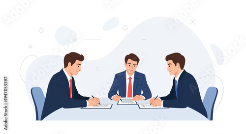 Businessmen signing contract at meeting table, teamwork, agreement, partnership, corporate concept
