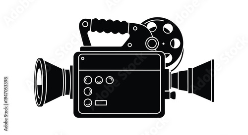 A black and white silhouette of a vintage super 8 film camera