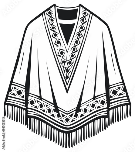 Traditional Native American style poncho with geometric patterns and fringe detail