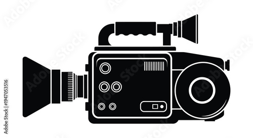A black silhouette of a vintage video camera side view with detailed components