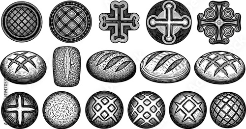 Vintage bread loaf and bakery symbols collection with engraved style buns sourdough crust and religious cross icons for artisan bakery design.bread, bakery, artisan, loaf, sourdough, engraved, sketch,