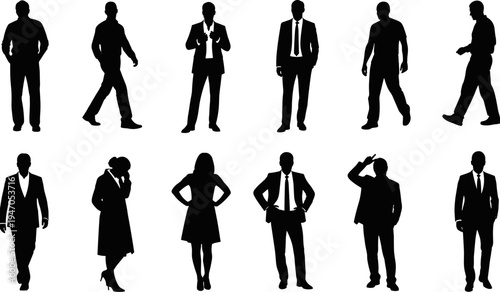 Collection of professional business people silhouettes standing and walking in various poses for corporate office design concepts and commercial marketing projects