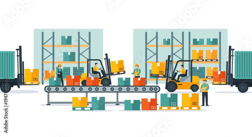 Efficient Warehouse Logistics Operations: Workers, Forklifts, Conveyor Belts, and Trucks Handling Boxes and Pallets in a Modern Supply Chain Facility