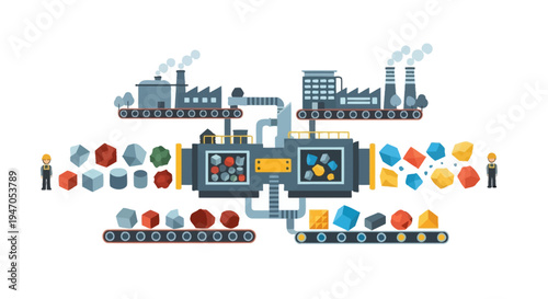 Industrial Production Line Processing Raw Materials into Refined Products - Manufacturing and Resource Transformation Concept Illustration