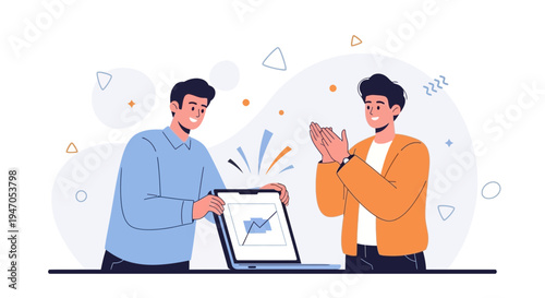 Business success celebration: colleagues applaud a successful presentation on a laptop.