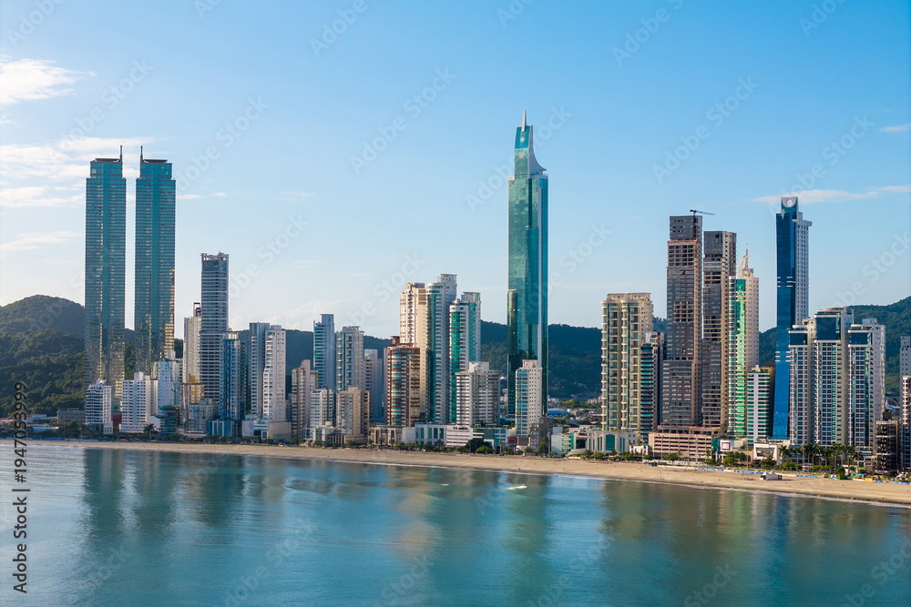 Obraz premium Skyline With High Rise Buildings in Front of the Beach in Balneario Camboriu City in Brazil