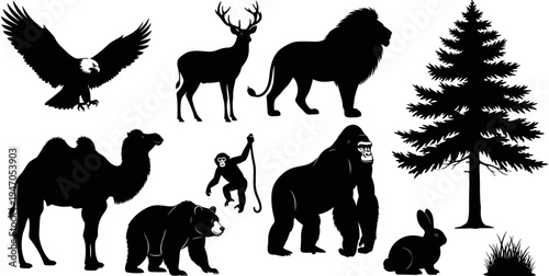 Wild animals silhouette collection featuring eagle lion deer camel bear gorilla monkey rabbit and pine tree isolated on white background for design.