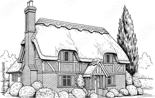 Vintage English countryside cottage sketch with thatched roof chimney and garden bushes in black and white hand drawn vector line art style.