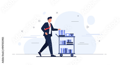 Businessman Pushing a Cart Full of Boxes, Office Delivery Concept