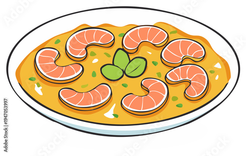 Delicious shrimp curry or stew with fresh herbs served in a white bowl, vector illustration of a seafood dish
