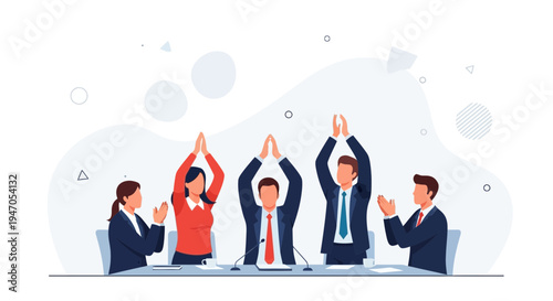 Business Team Celebrating Success with Raised Hands and Applause