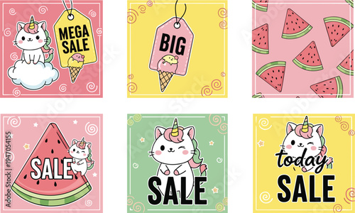 Cute Unicorn and Watermelon Sale Banner Set Featuring "Mega Sale," "Big Sale," and "Today Sale" for Promotional Offers and Discounts