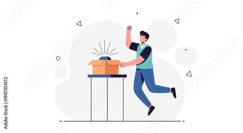 Excited Man Jumps for Joy Opening Surprise Gift Box with Light Rays