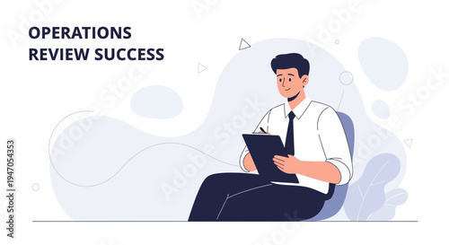 Businessman reviewing operations success on clipboard, modern flat illustration