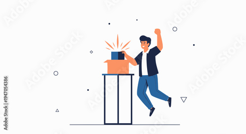 Excited Man Jumping with Open Gift Box, Surprise and Celebration