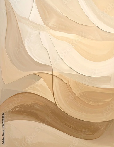 Abstract artwork features flowing, layered shapes in various shades of beige and brown, creating a sense of movement