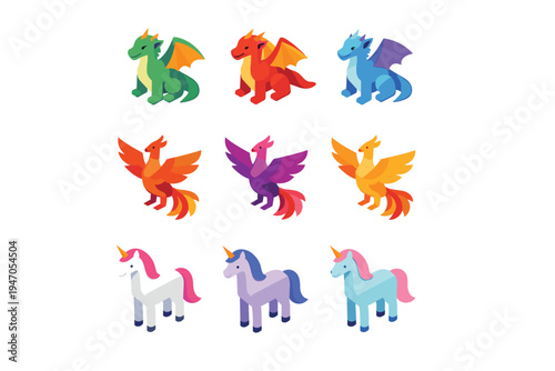Colorful fantasy creatures and animals icons.