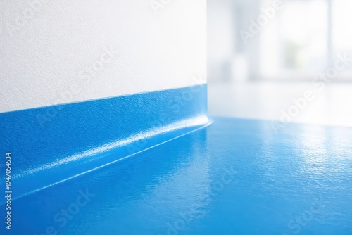 Seamless blue epoxy floor coating with waterproof wall joint in modern industrial interior