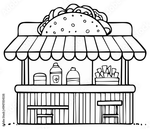 Cartoon taco stand with food, condiments, and awning outline illustration
