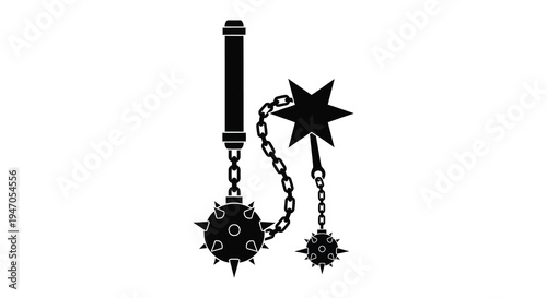 A black silhouette of a flail weapon with a spiked ball and chain design