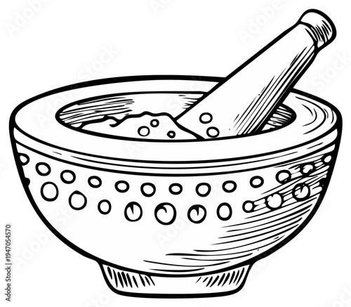 Hand Drawn Mortar and Pestle Illustration Used for Grinding Herbs and Spices for Cooking