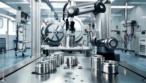Robotic arm precisely handling metallic components on an automated assembly line in a clean industrial manufacturing facility, showcasing modern automation and engineering.