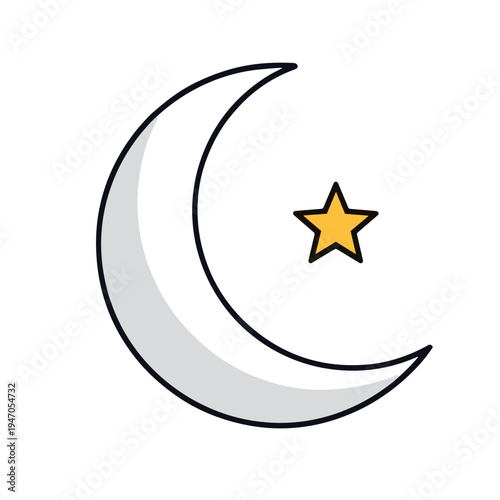 A crescent moon shines brightly with a star in the night