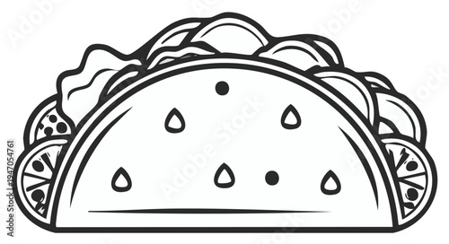 Illustrative hand-drawn taco with lettuce, cheese, and lime slices. Mexican food icon.