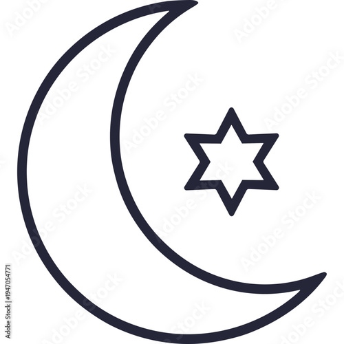 A crescent moon shines brightly with a star symbol inside.