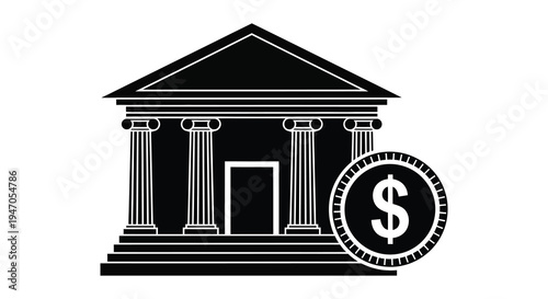 Black and white illustration of a building with a dollar sign emblem