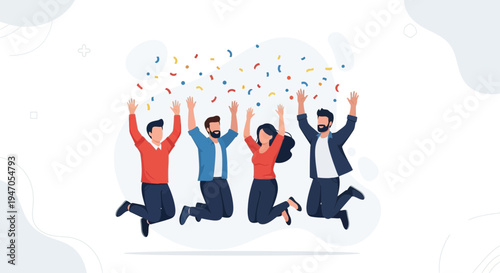 Happy people jumping with confetti, celebrating success and joy