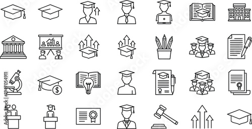 Education and Graduation Icon Set Featuring Graduation Caps, School, Books, Certificates, and Academic Tools for Learning and Achievement Designs