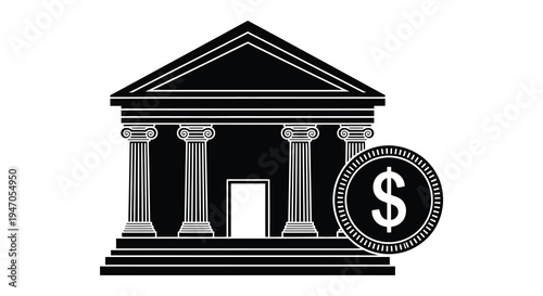 Black and white illustration of a classical building with a dollar sign symbol