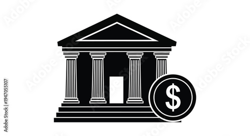 A black and white illustration of a classical building with a dollar sign