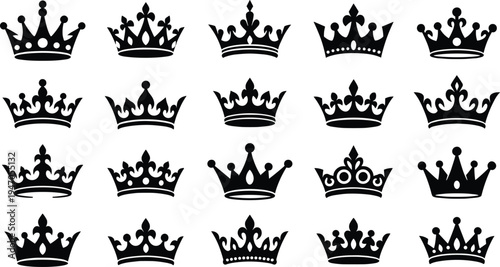 Black Crown Silhouette Vector Set Featuring Royal King and Queen Headdress Icons for Luxury Brand Logo Design, Elegant Imperial Jewelry Ornaments on White Background