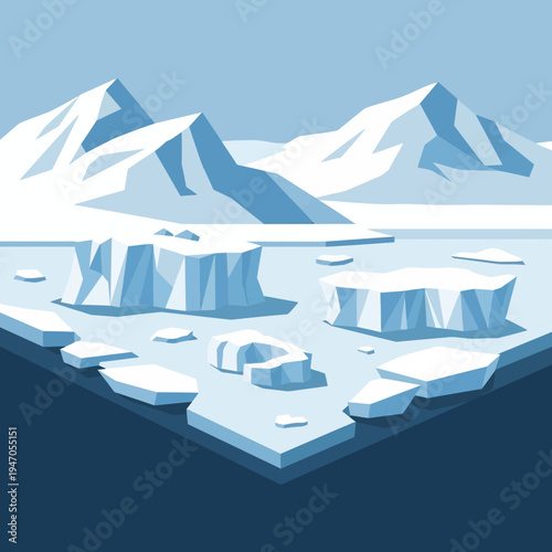 An artistic illustration of an arctic landscape featuring icebergs and mountains under a clear sky.