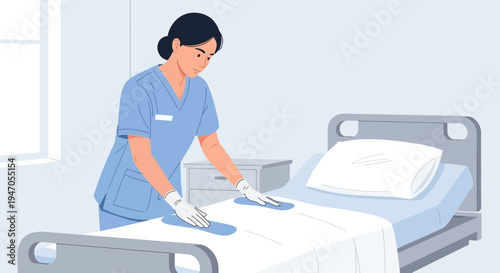 Nurse Making Hospital Bed with Clean White Sheets and Pillow