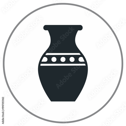 Ancient ceramic vase with decorative pattern inside a circle symbol