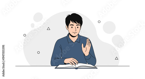 Young man reading a book, raising hand, education, study, knowledge, online learning