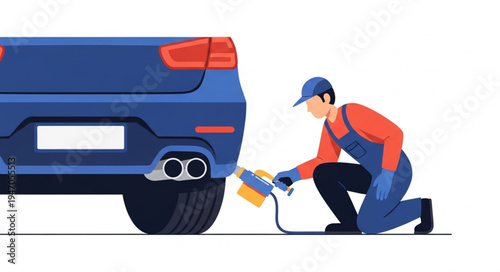 Mechanic inspecting car exhaust pipe.