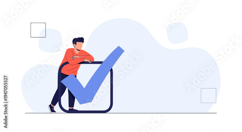 Man Leaning on Giant Checkmark in Box, Concept of Success and Completion