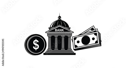 Black and white illustration of a bank building with money and a dollar sign