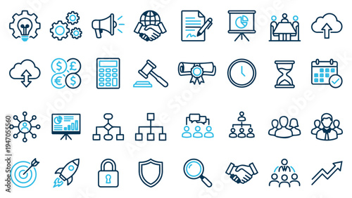Business and Management Line Icon Set for Corporate Strategy and Finance