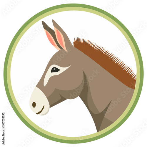 Brown Donkey Head Profile in Circle Frame, Domestic Animal Portrait Illustration